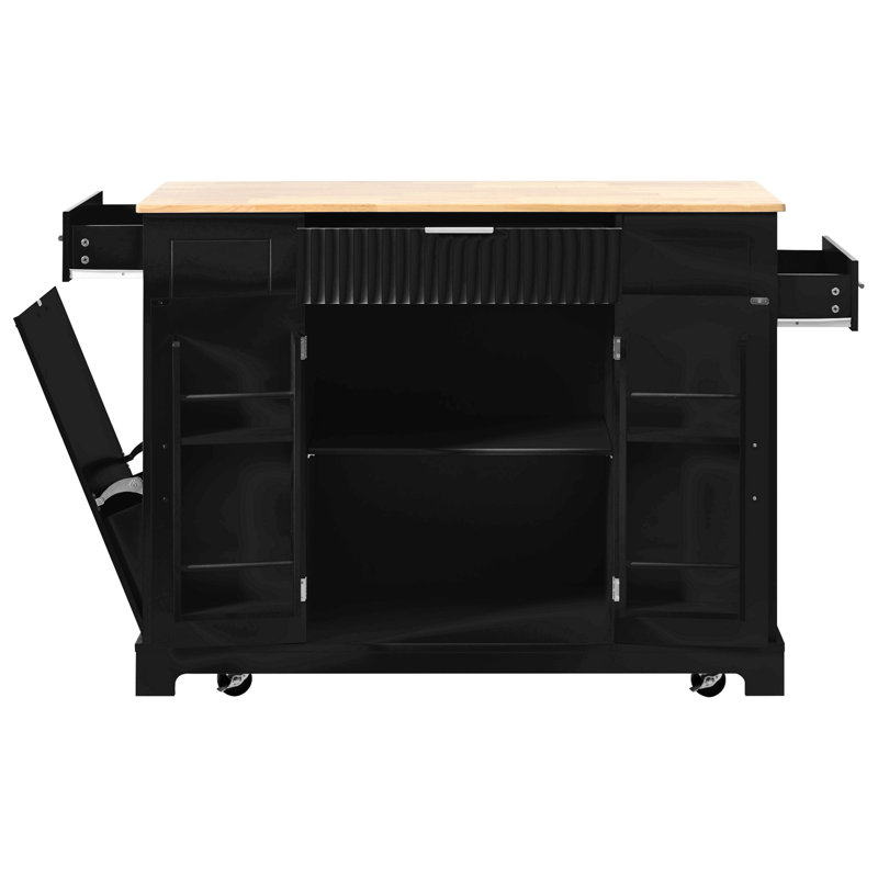 Fluted Kitchen Island with Trash Can Storage Cabinet, Power Outlet, Internal Storage Rack, Rolling Kitchen Islands on 5 Wheels with 3 Drawer, 3 Open Side Racks for 10 Gallon Garbage Bin