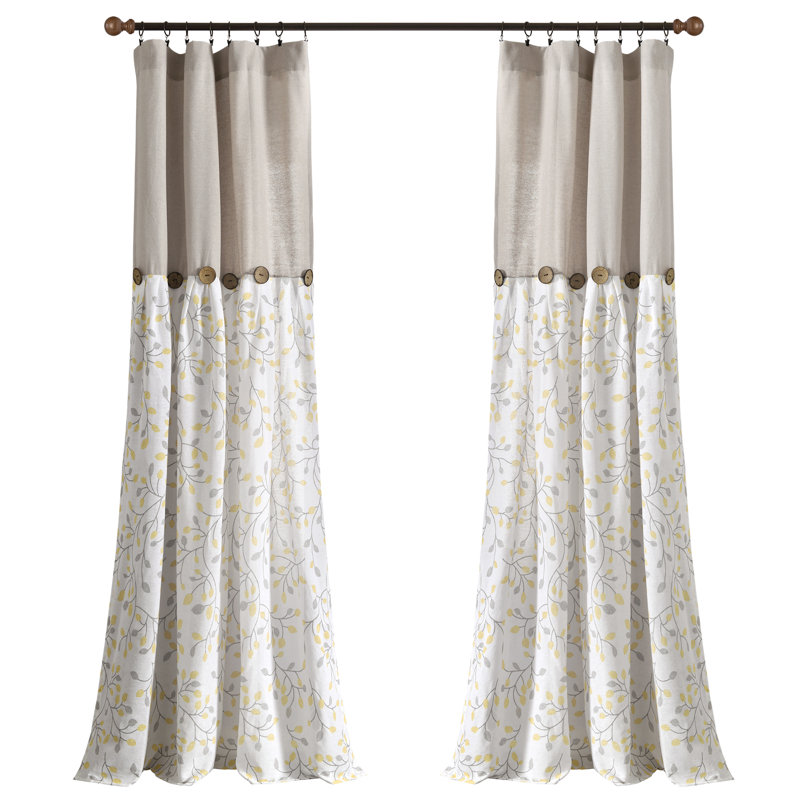 Linen Button Botanical Garden Cotton Blend Semi Sheer Curtain Single Panel, Neutral