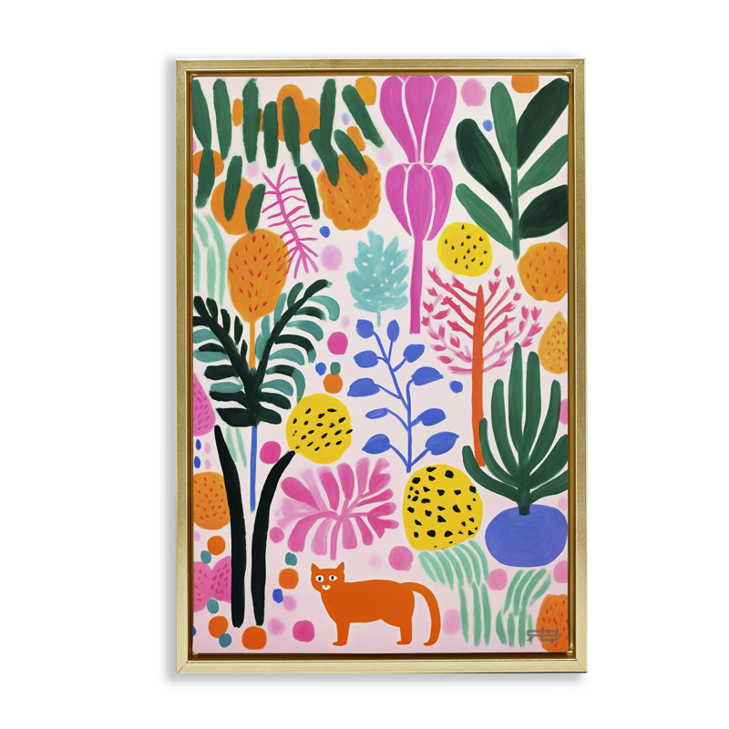 Toile flottante encadrée «Fun Botanical Tropics» par Roozbeh Bahramali, Cadre flottant métallique doré, H 25 po x l 17 po