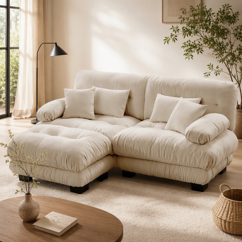 Luxueux canapé en chenille pour le salon avec plusieurs coussins et repose-pieds convertible, pour plus de confort et de style.