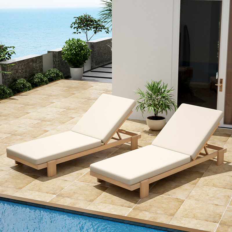 Alfred Outdoor Acacia Wood Chaise Lounge Chair With Adjustable Backrest And Cushion, Beige