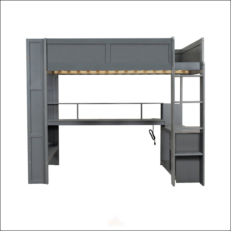 Lit mezzanine double en bois avec bureau, Double