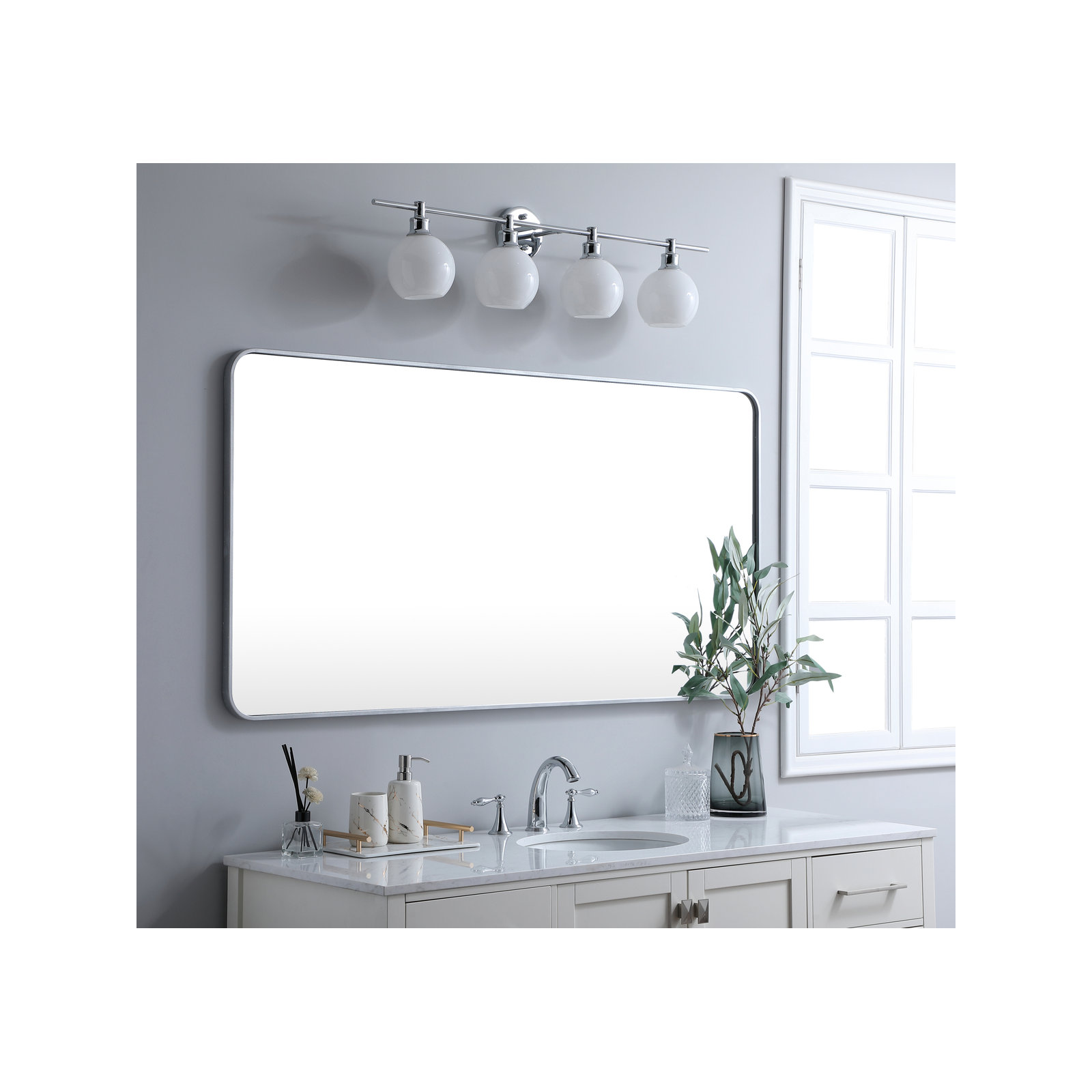 Sabine Metal Rounded Rectangle Wall Mirror, Silver, 60" x 30"