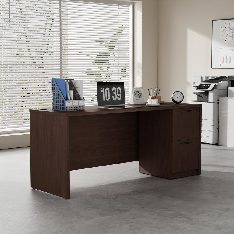 66.93'' Executive Office Desk With Lockable Cabinet, Brown