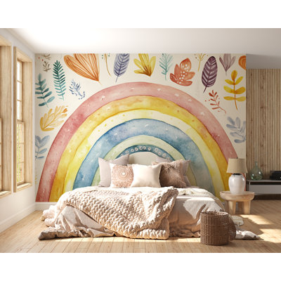 Papier peint vibrant scène arc-en-ciel botanique - Style aquarelle, nature abstraite et lumineuse, décoration murale artistique colorée pour chambre d'enfant, chambre de bébé, salle de jeux