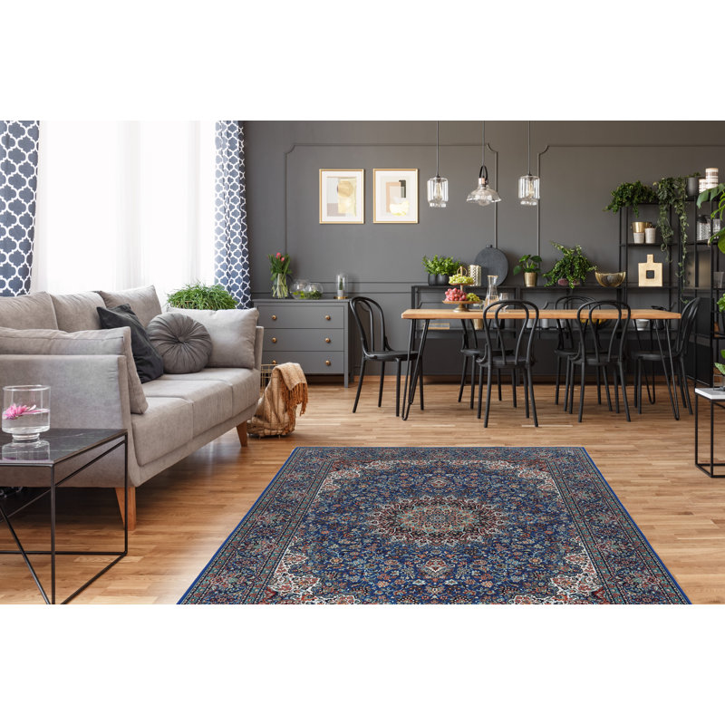 Emanuel Traditional Machine Woven Flatweave Blue and Ivory Area Rug with Non Skid Backing , Rectangle 6'7" x 9'7"