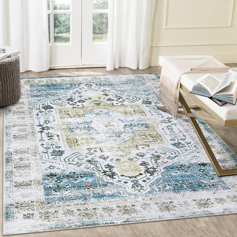2x6 Runner Rug Kitchen Hallway Entryway – Vintage Floral Oriental Design Non-Slip Stain Resistant Low Pile Floor Covering (Blue)