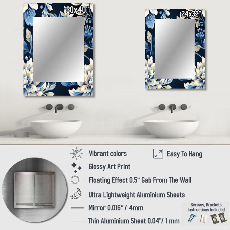 White And Blue Symmetrical Damask - Damask Mirror Wall Decor, 32" x 24"