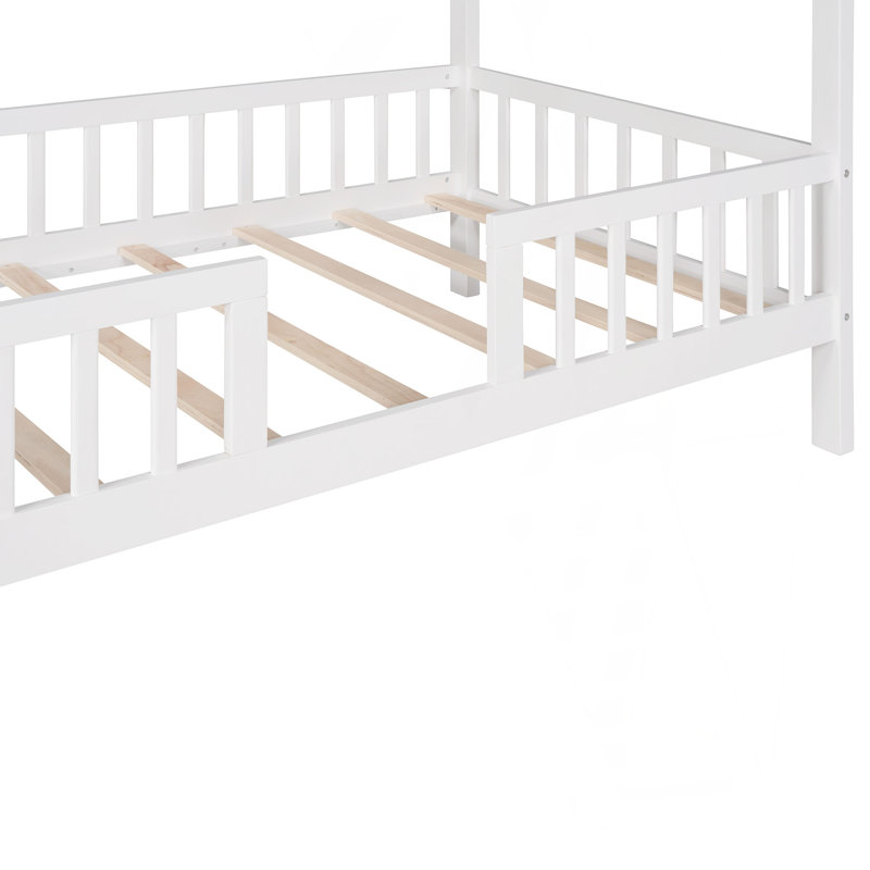Designer-Inspired Twin Size Wood House Bed With Fence, White