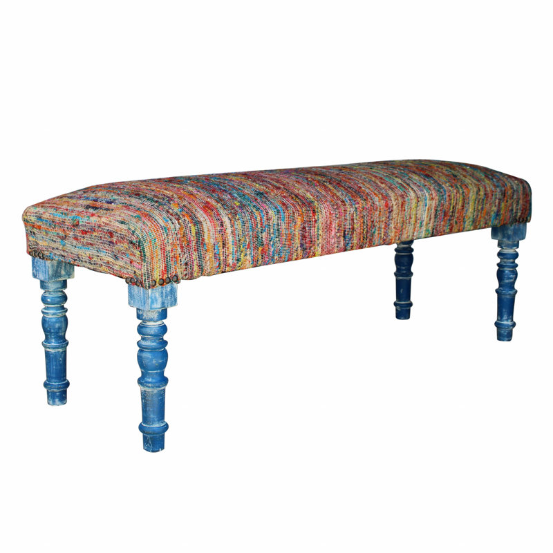 47" Textural White Leg Upholstered Bench, Blue/Orange, Blue