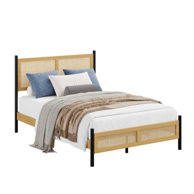Base de lit plateforme double avec tête de lit et pied de lit en rotin tissé à la main, support en lattes de bois sans bruit en bois aggloméré, dégagement sous le lit de 7,5 po, aucun sommier nécessaire