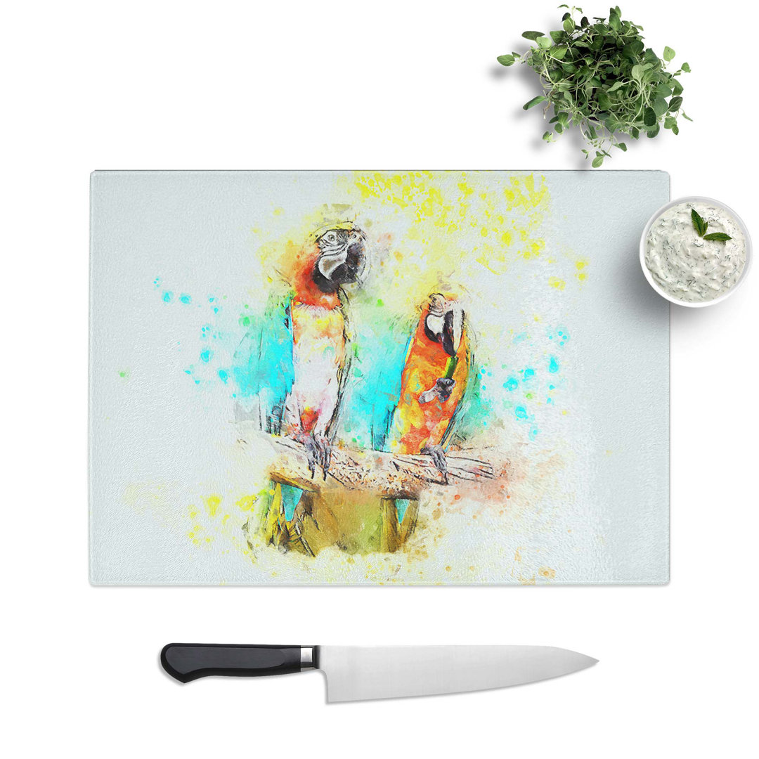Tempered Glass Two Macaw Parrots on a Branch in Abstract Chopping Board