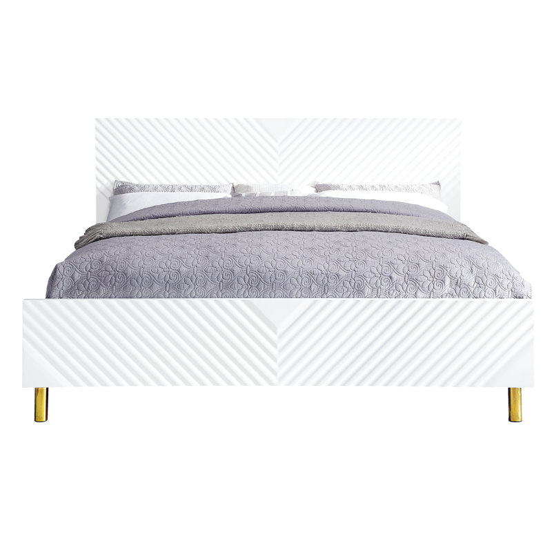 Grand lit, finition ultrabrillante, motif ondulé, pieds en métal, aucun sommier requis, structure entièrement en kd, poids de 660 lb - capacité de charge requise, roulement
