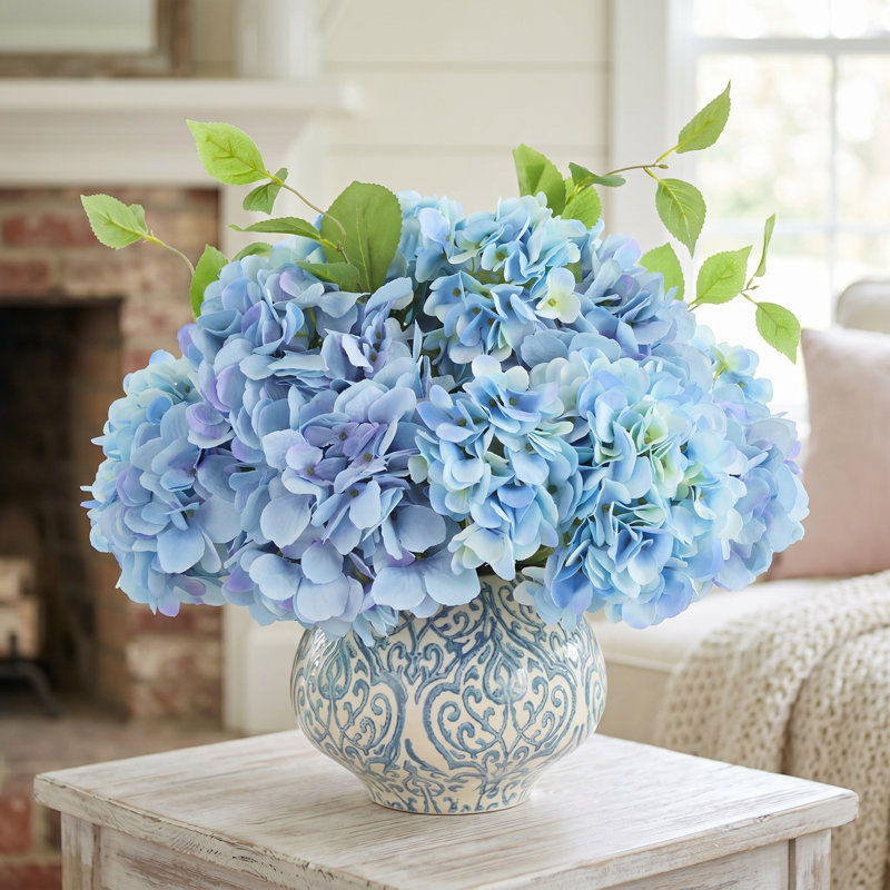 Hydrangea Floral Arrangement In A Decorative Ceramic Vase, Blue