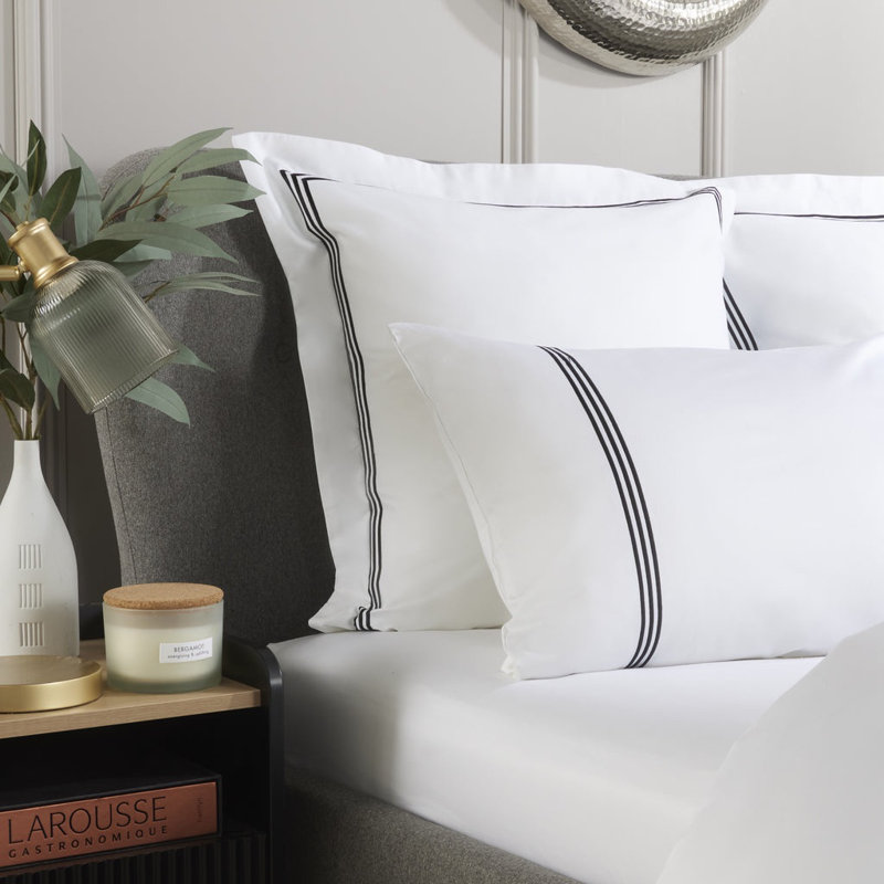 800 Thread Count Triple Row Cord Embroidered Square Pillowcase Pair, White/Black