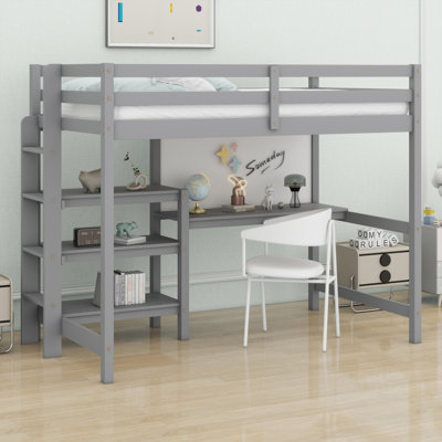Wooden Loft Bed With Shelves,Desk And Writing Board