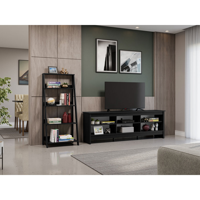 Meuble télé 17 étages à 6 tablettes jusqu'à 75 po + bibliothèque échelle, Noir