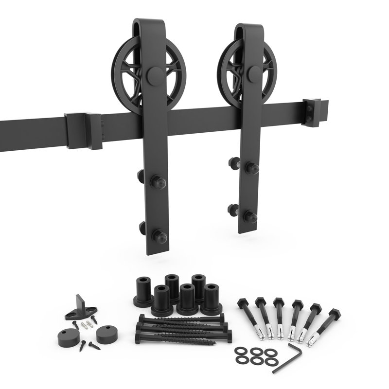 Matte Black Steel Wagon Wheel Barn Door Hardware Kit