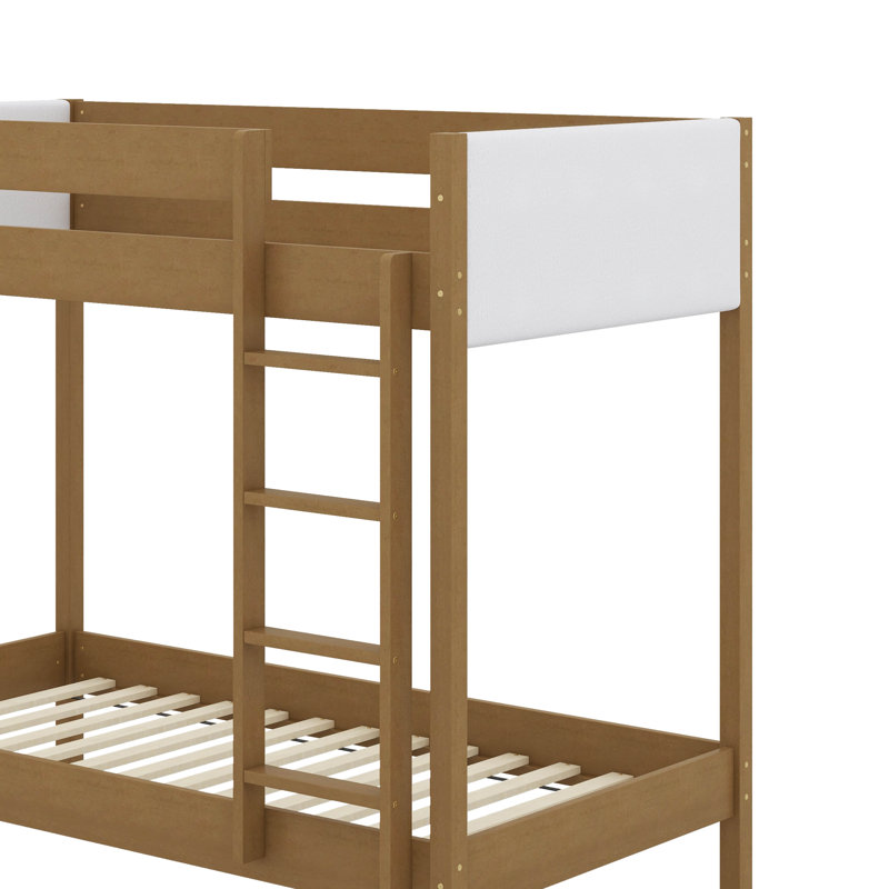 Lit superposé simple au-dessus de simple avec tête et pied de lit rembourrés Boucle, échelle, garde-corps de sécurité, lit superposé en bois d'hévéa
