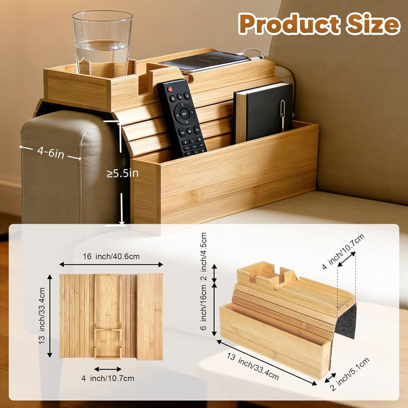 Bamboo Foldable Sofa Armrest Tray With Storage