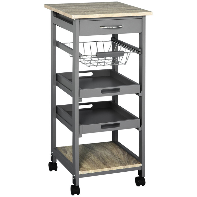 Îlot de cuisine mobile avec tiroir, rangement et plateau en fil, plateaux de service gris et gris