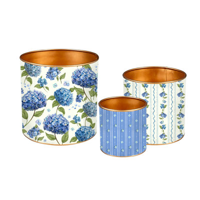 Hydrangea Printed Metal Planters, Set of 3