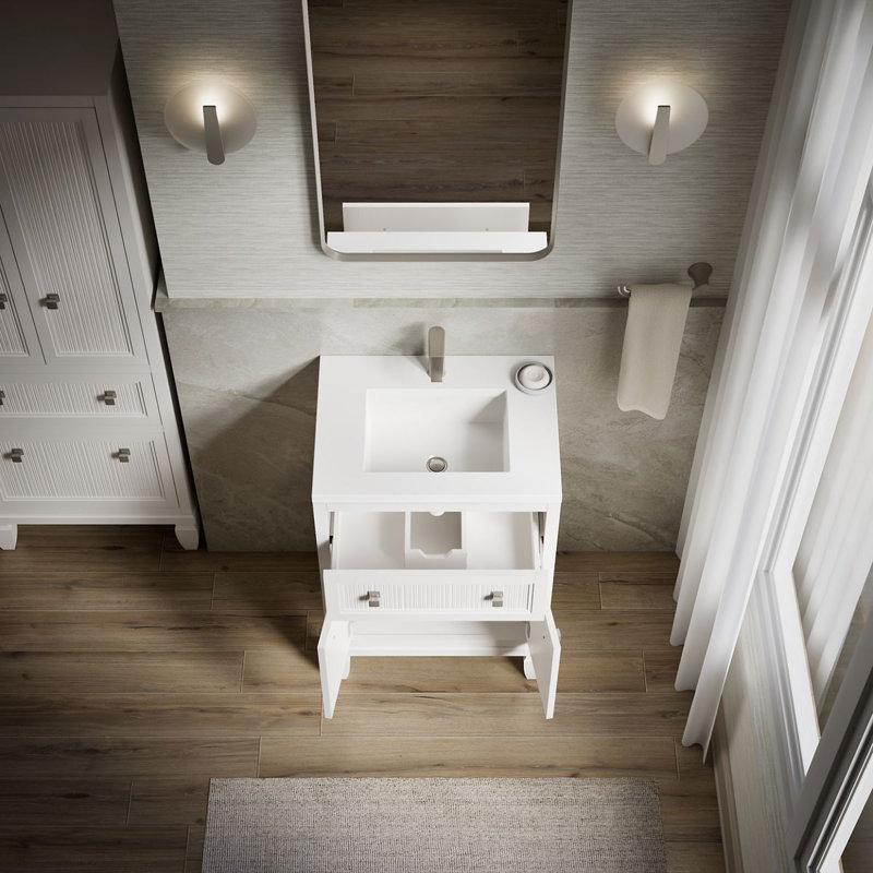 Meuble-lavabo sur pied simple avec lavabo et plateau en quartz Hearthaven, Blanc, 24"