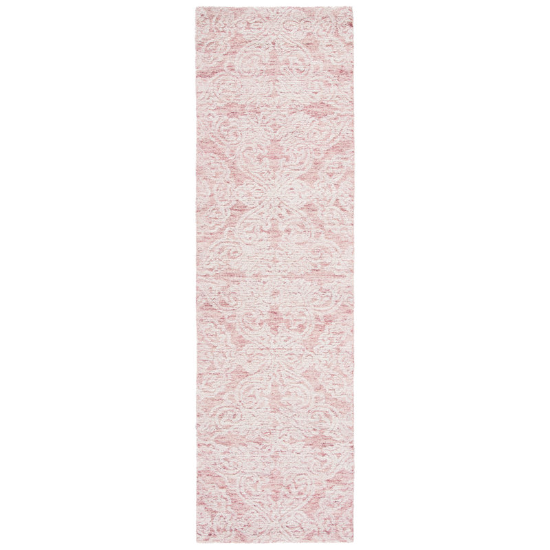Noor Damask Handmade Tufted Wool Dark Pink/Ivory Area Rug, Runner 2'3" x 8'
