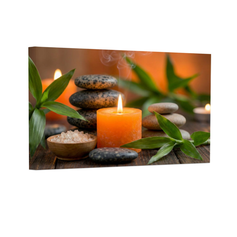 Bougies à la mode, pierres, feuilles, bol de sel et bambou, H 12 po x l 18 po
