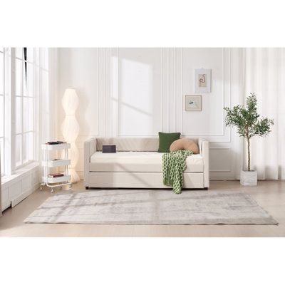 Twin Size Upholstered Daybed With Trundle,USB Port ,Side Pockets, Modern V-Grained Backrest Design,No Box Spring Needed, For Bedroom, Guest Room ( Beige, Twin)