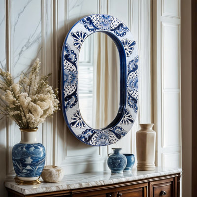 Petit miroir ovale bleu et blanc Talavera 