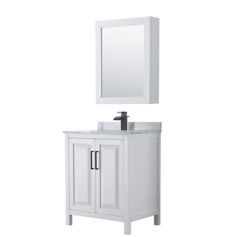 Ensemble de meuble-lavabo simple 30 po avec miroir Daria, Marbre de culture de Carrare, Blanc, Noir mat