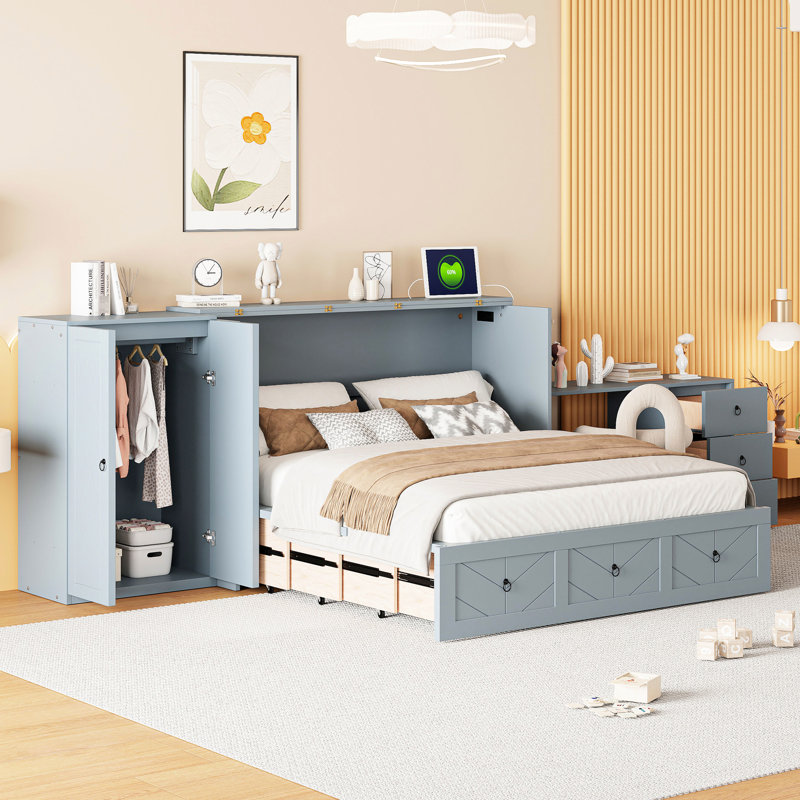 Grand lit gris avec option, espace spacieux et armoire intégrée / bureau polyvalent pour le port, grand espace de rangement combiné