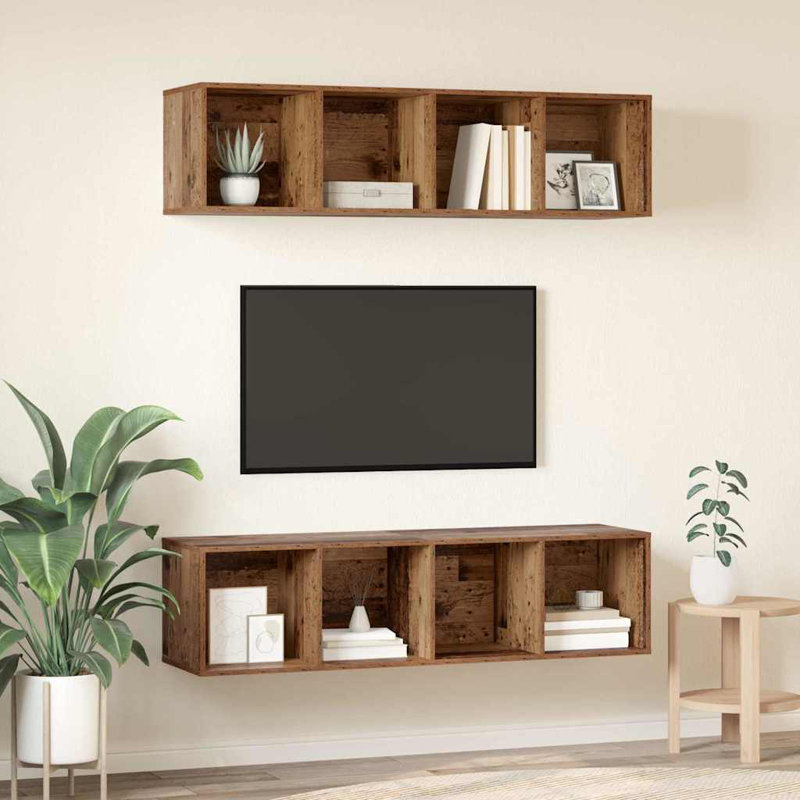 TV Cabinet Set 2 Pcs, (3 Shelves) 170cm H x 37cm L x 37cm W, Old Wood