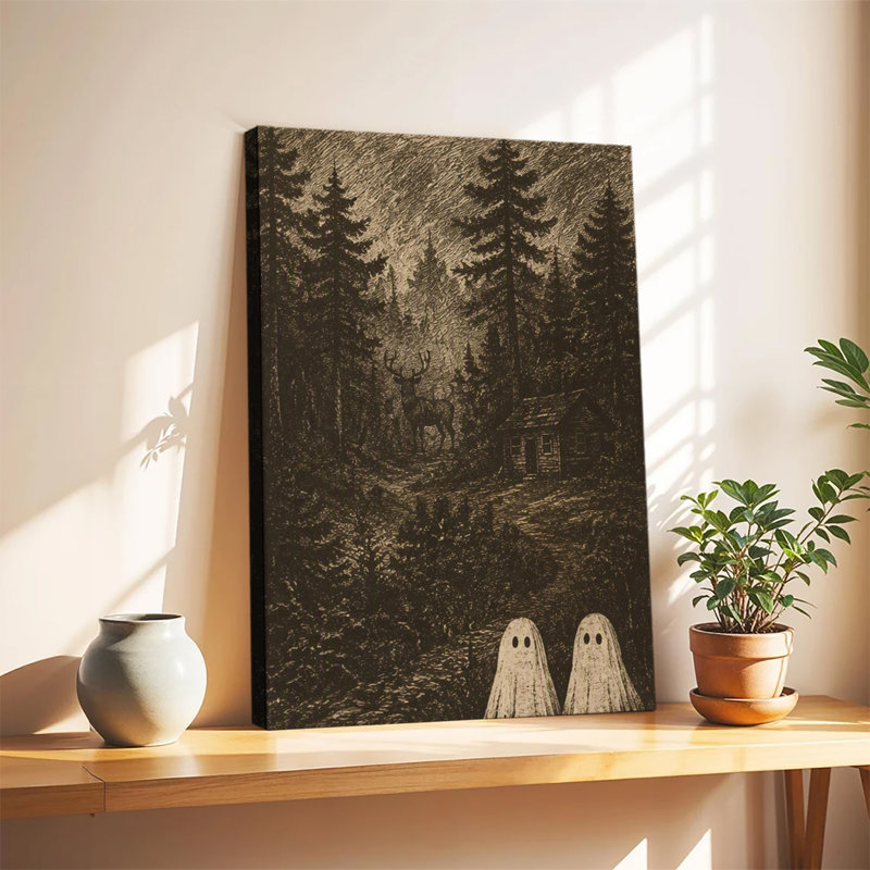 Scène de cabane en forêt vintage avec cerf et fantômes amicaux - Toile murale rétro pour l'Halloween, 20 x 30 po