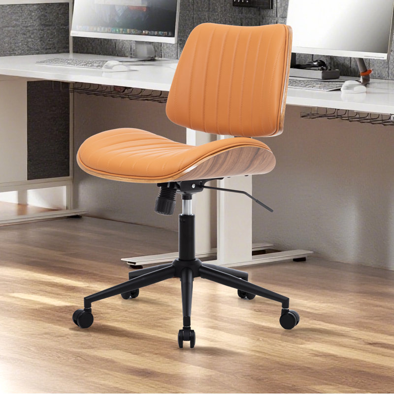 Mid-Century Modern Swivel Office Chair – Faux Leather Seat with Bentwood Back & Base, Brown