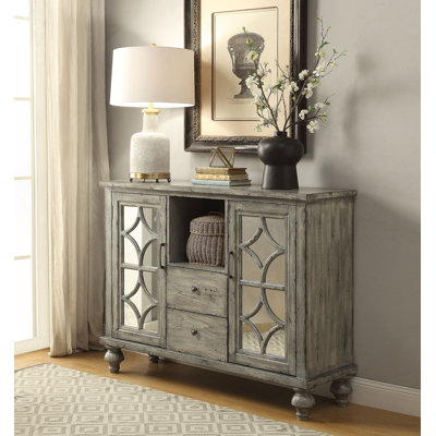 Console 48 po gris patiné avec portes en miroir, 2 tiroirs et tablette de rangement ouverte pour le salon du vestibule