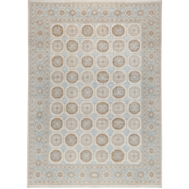 Tapis beige et bleu noué à la main de haute qualité