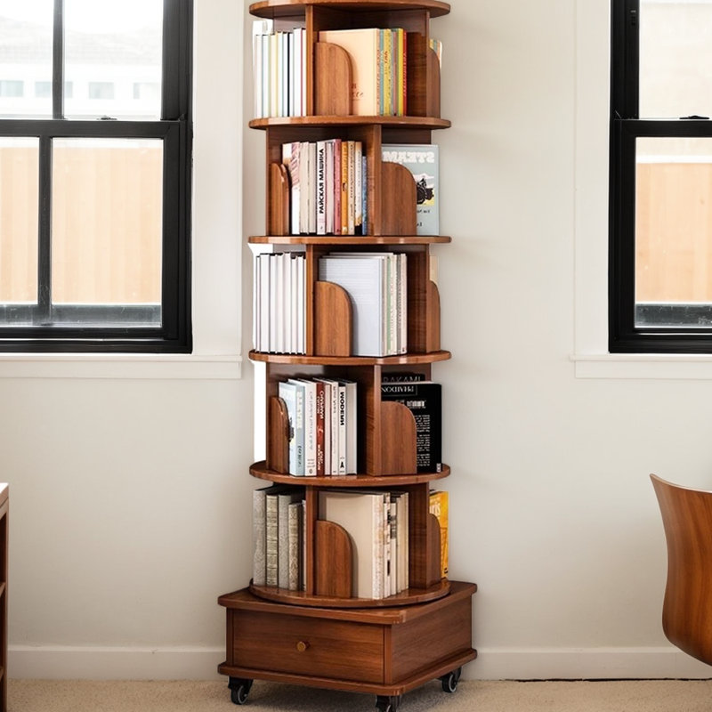 Bibliothèque noyer brun avec roulettes - rotation à 360 °, conception réfléchie, chambre à coucher, salon, bureau d'étude, vendredi noir, rotation à 6 niveaux, brun et économie d'espace,