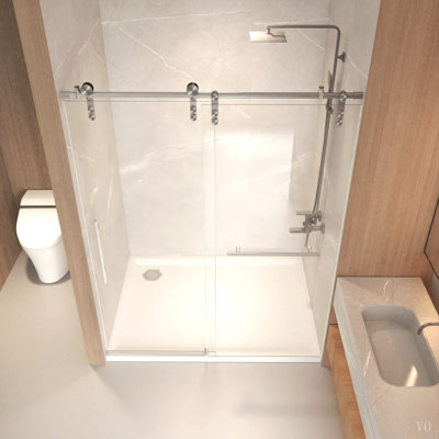 Porte de douche coulissante sans cadre H 56 à 60 po x 76 po, verre trempé transparent de 5/16 po (8 mm), cadre en acier inoxydable
