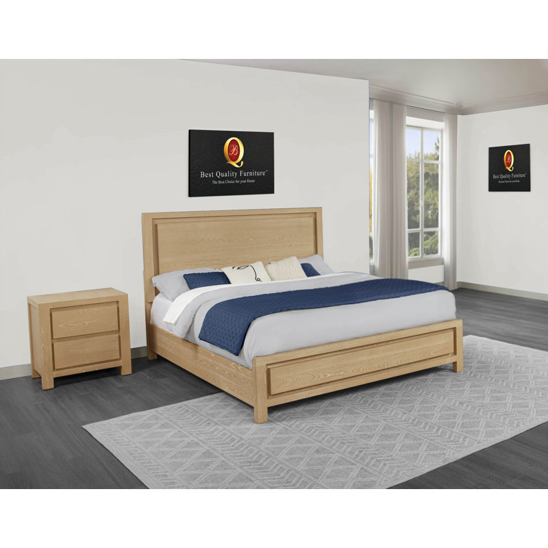 Ensemble de chambre à coucher moderne en chêne clair avec lit à panneaux et table de chevet, 2 Pcs: Bed, Nightstand