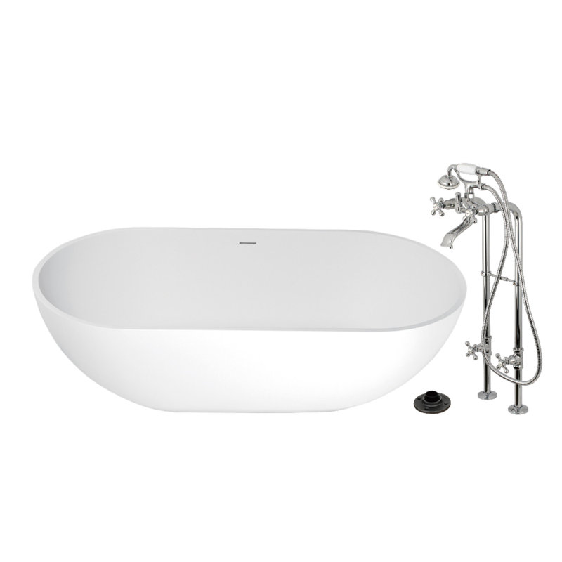 Kingston Brass Arcticstone 70-Inch Solid Surface Oval Double Ended Freestanding Tub With Faucet Combo And Drain