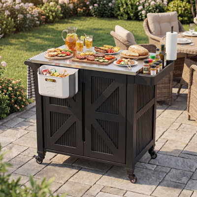 Polar Aurora Outdoor Kitchen Cart With Stainless Steel Top, Rolling Bbq Prep Table With Storage Cabinet, Foldable Trash Bin & Towel Rack, Portable Grill Cart With Lockable Wheels For Patio Backyard