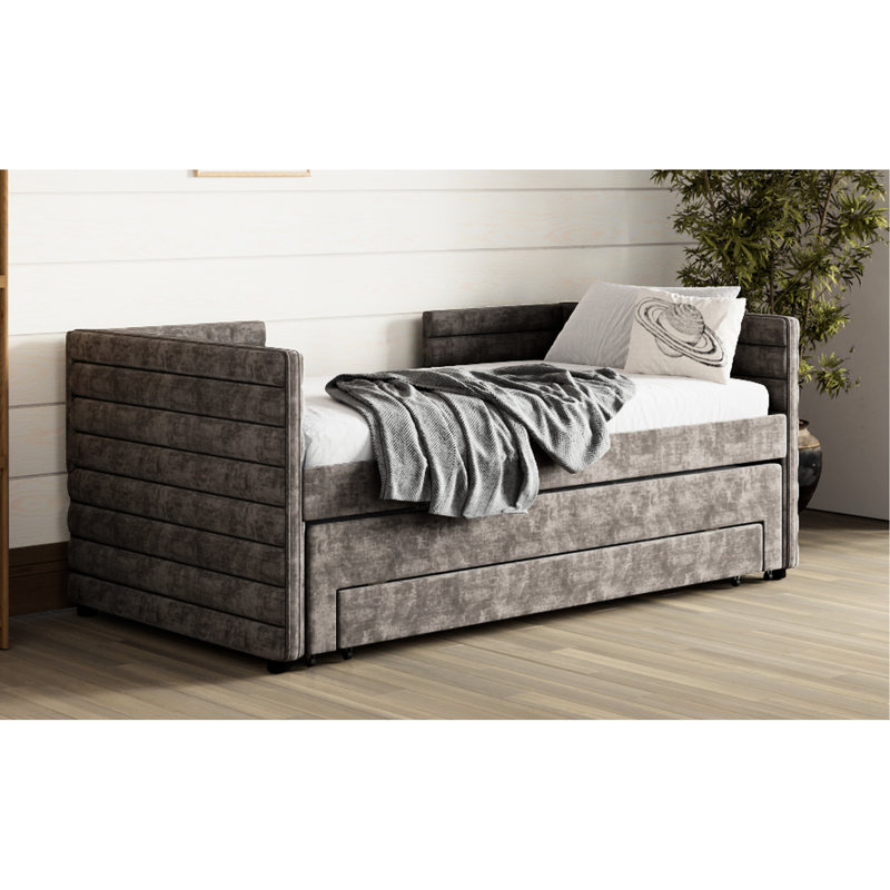 Lit de jour simple rembourré gris, lit gigogne pour la nuit, 3 tiroirs spacieux, structure en bois gris avec tissu coulissant et chenille douce, petites chambres peu encombrantes