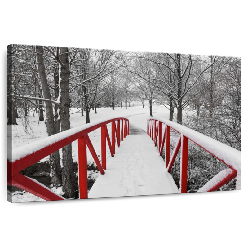 Passerelle rouge enneigée, H 8 po x l 12 po