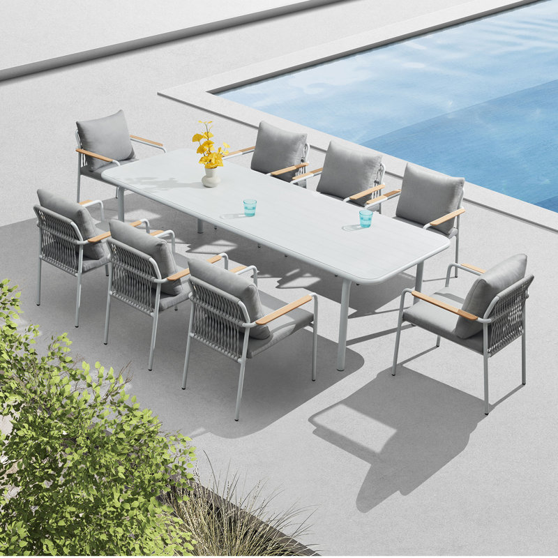 Patio 9 Piece Outdoor Dining Set With Cushions, White Aluminum Tabletop