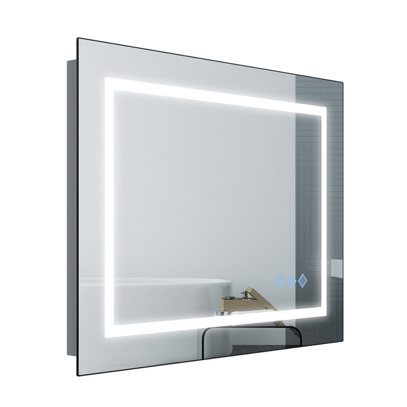 Miroir de salle de bain 32 x 24 pouces en argent brossé brillant 3000-6000K à DEL avec lumières, miroir de meuble-lavabo mural à intensité variable avec éclairage à brouillard réglable Master Bath Modern