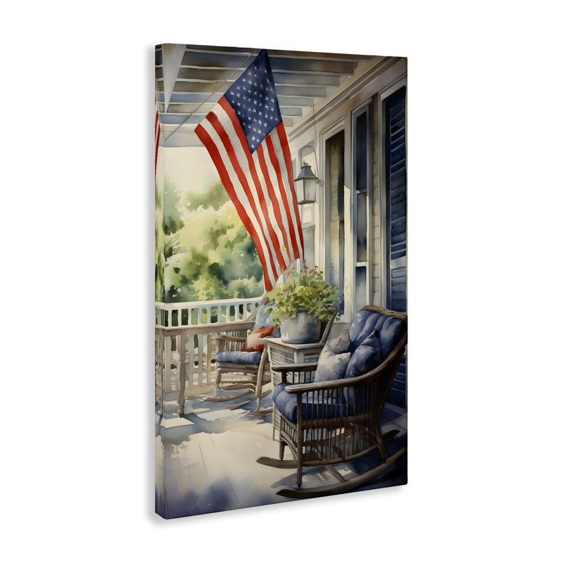 Porche avec drapeau américain, art mural sur toile par Petal Prints Design, H 45 po x l 30 po