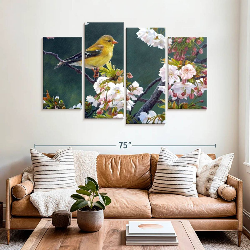Female Goldfinch And Blossoms, H 42 po x l 68 po