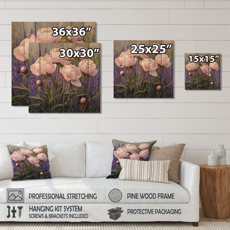 Pivoines dans le jardin de lavande - impression de pivoines sur bois de pin naturel, H 36 po x l 36 po x P 0,78 po